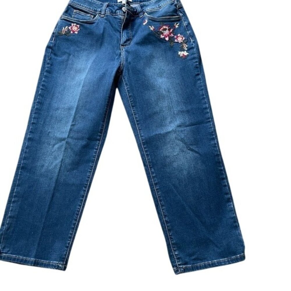 Vintage Croft & Barrow Cropped Jeans Floral Embroidered Capri Dark Wash Sz 6